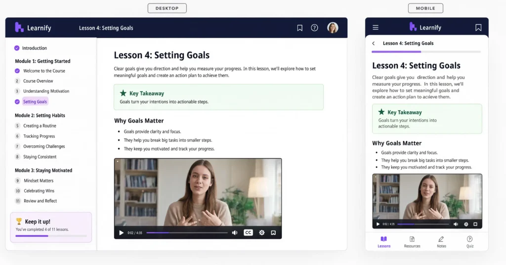 Mobile learning course design compared to a desktop layout