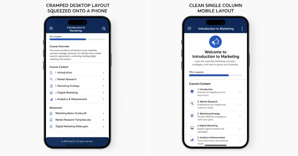 Mobile-first course design compared to a squeezed desktop layout