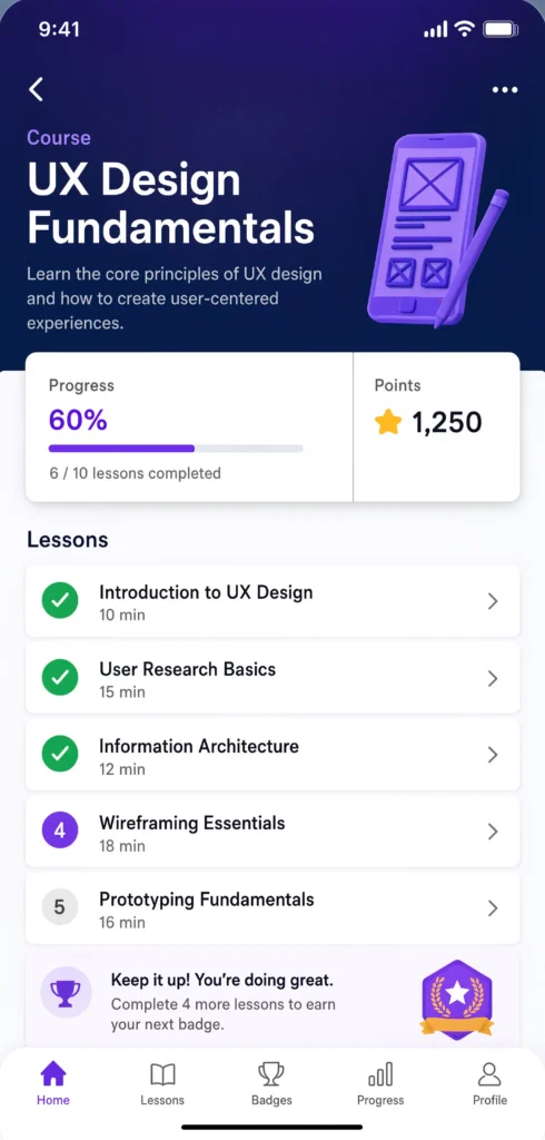 Course screen showing gamification elements like points and badges