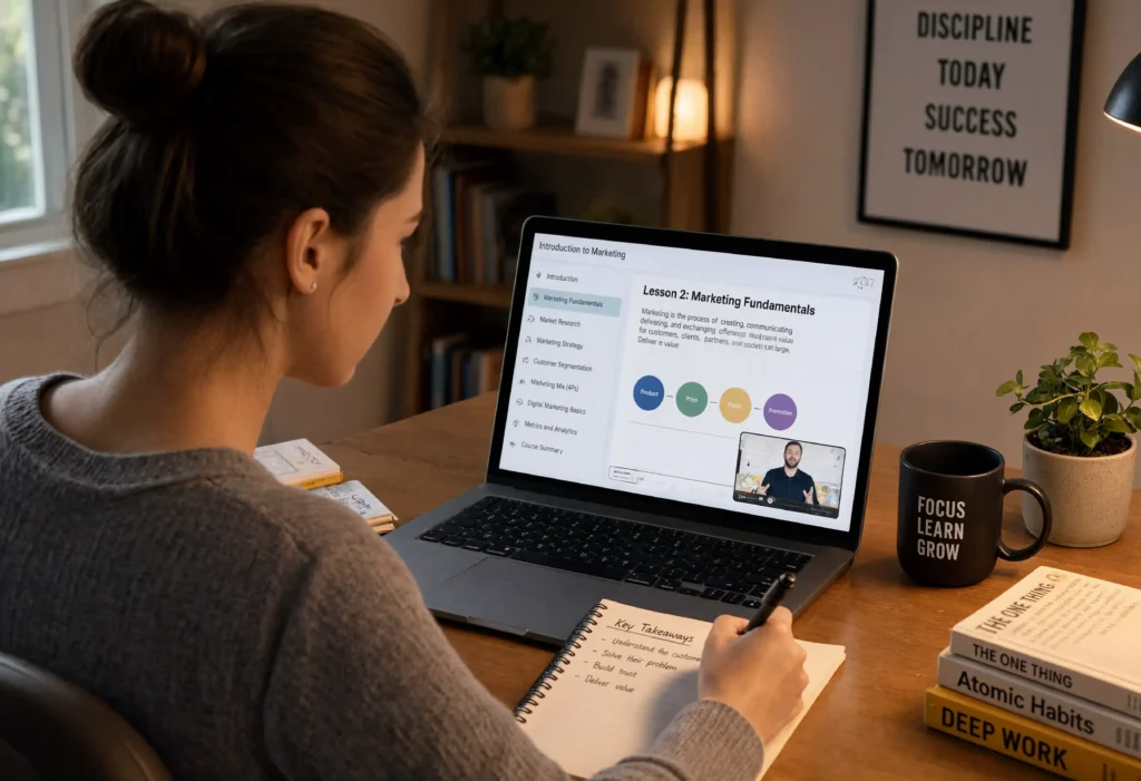 Person taking an online eLearning course on a laptop
