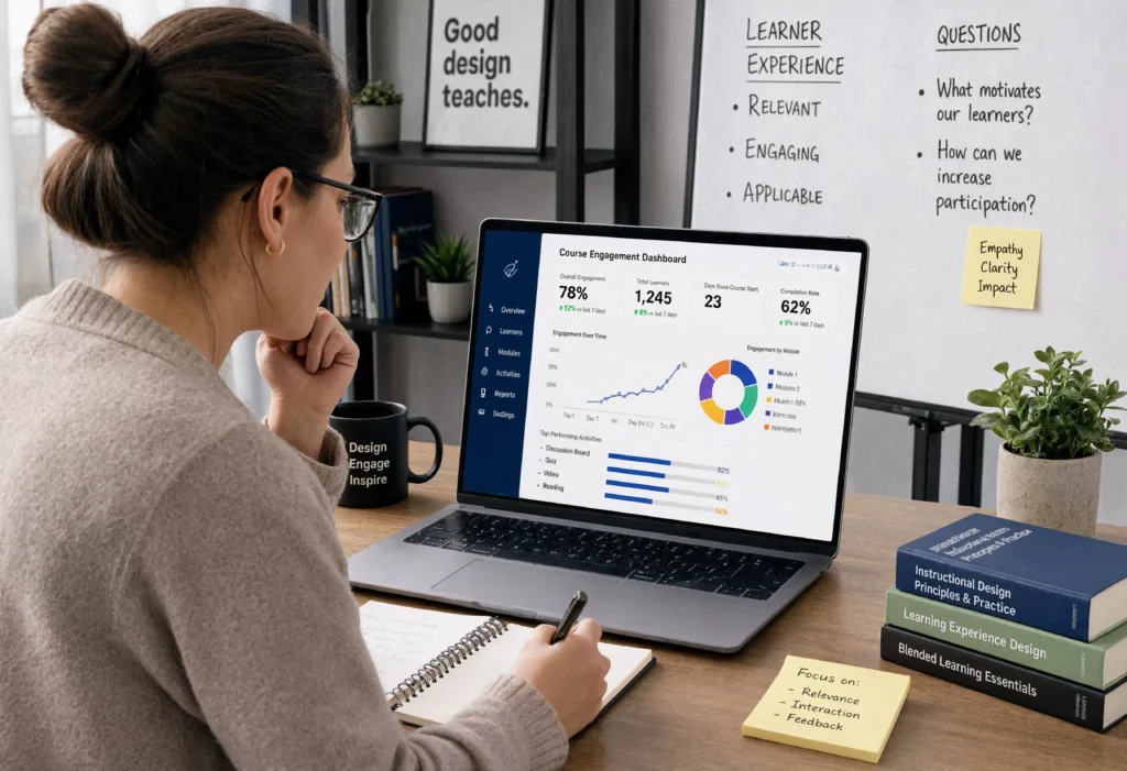Instructor reviewing learner engagement analytics dashboard