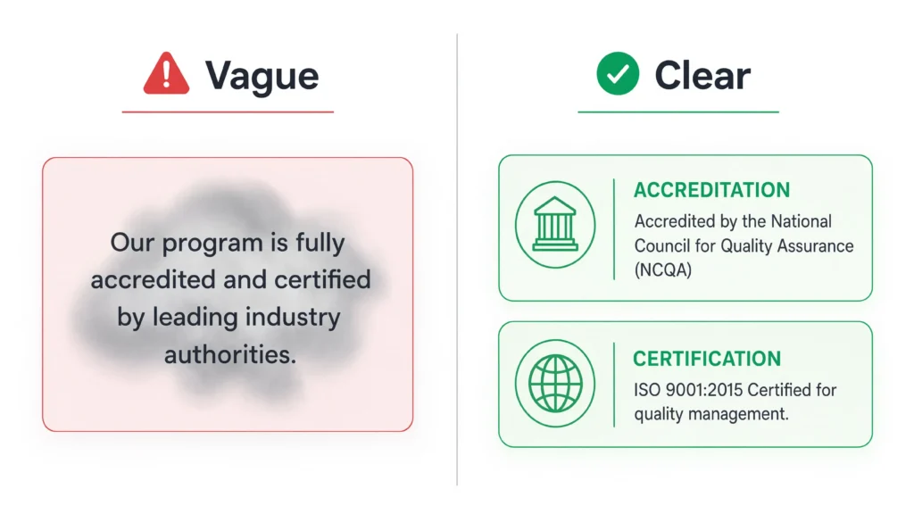 Clear marketing language separating accreditation and certification claims